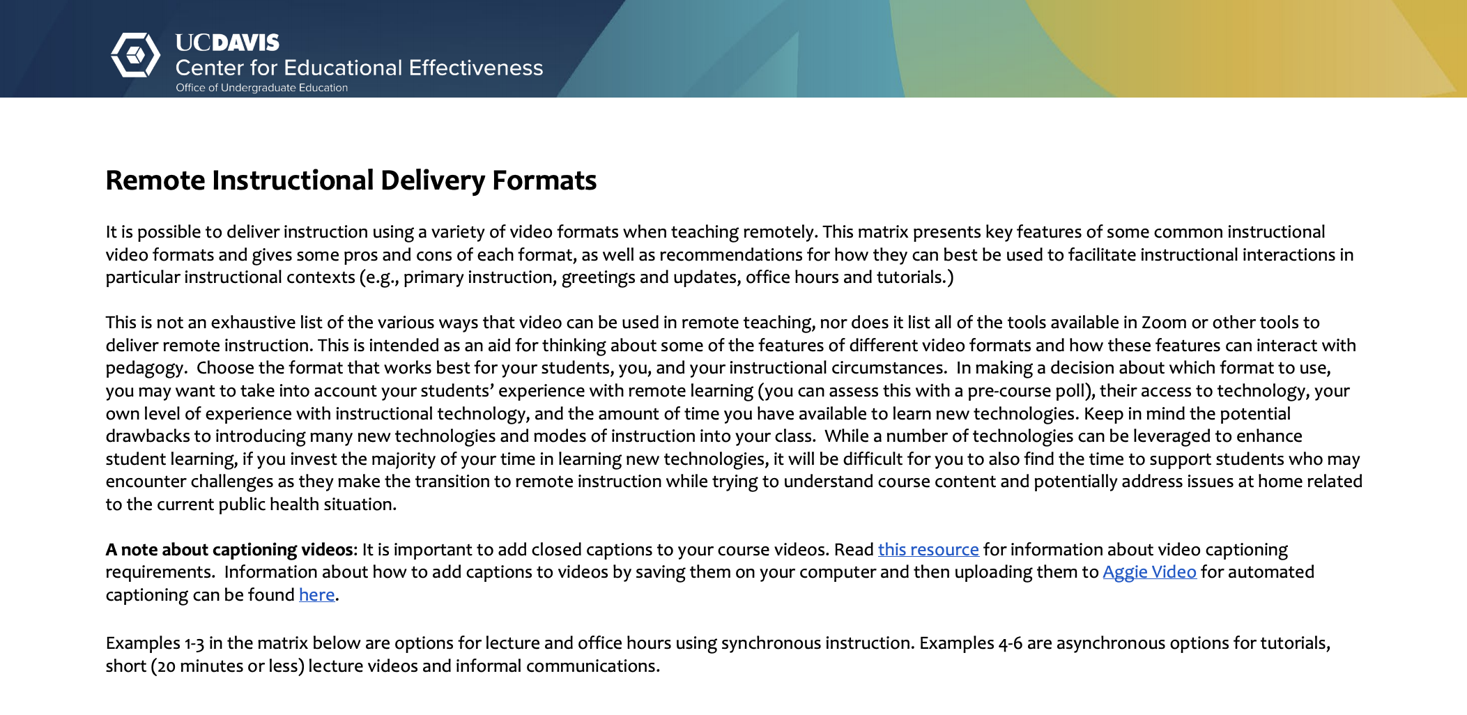 Remote Instructional Delivery Formats
